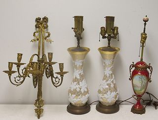 Lot Of 3 Antique Lamps And A Bronze Sconce.