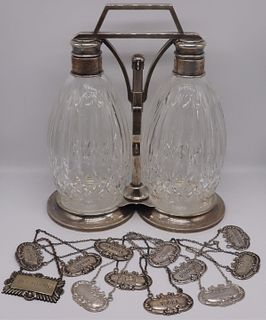 STERLING. Sterling Decanter Set and Liquor Tags.