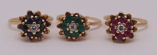 JEWELRY. (3) 14kt Gold & Colored Gem Floral Rings.