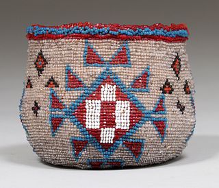 Native American Beaded Modoc Basket c1920s