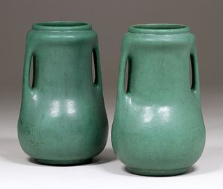 Pair Brush McCoy Matte Green Two-Handled Vases c1910