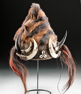 Early 20th C. Naga Rattan, Fur, & Tusk Headdress