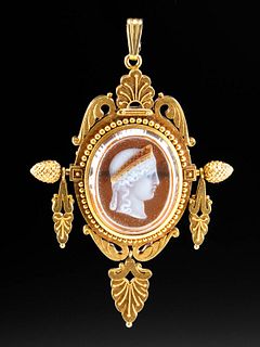 Neoclassical 22K+ Gold Pendant, Banded Agate Cameo