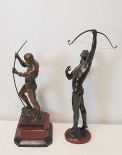 Pair Bronze Sculptures Archers Signed