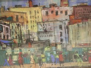 Illegibly Signed. Watercolor. NYC Village Street