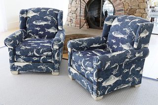 Pair of Vanguard Denim Fish Upholstered Club Chairs