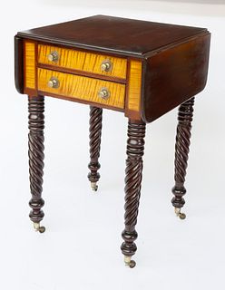 American Mahogany and Tiger Maple Drop Leaf Two-Drawer Work Stand, Circa 1825