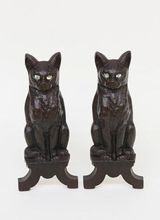 Pair of Cast Iron Seated Cat Andirons, late 19th Century