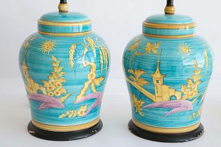 Pair of Turquoise Ground Ceramic Lamps with Yellow Chinoiserie Decorations