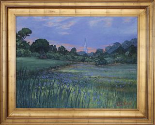 Illya Kagan Oil on Canvas "View of the Congregational Church, Nantucket from Lily Pond"