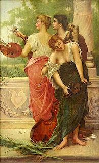 19/20th Century Art Nouveau Oil on Canvas, "The Arts"