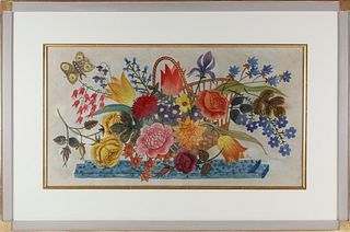 Louis Cary Watercolor Theorem on Paper Board "Spilled Basket of Flowers", 19th Century