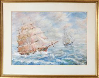 Lillian Gertrude (Smith) Rockwood Watercolor and Gouache on Paper "Three Masted Ships in High Seas"