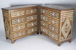 Pair of Bone and Brass Studded Moroccan Mango Wood Chests of 8 Drawers