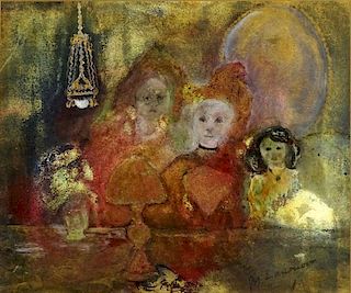 Mikhail Larionov, French/Russian (1881-1964) Mixed Media on Paper. "Figures At a Table"