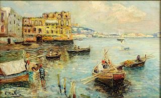 Attilio Pratella, Italian (1856-1949), Oil on Board "Fishing Boats in Bay Of Naples"