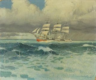 Étienne Blandin, French (1903-1991) Oil on Board "3 Masted Ship Amid Stormy Skies"