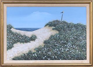 James Cromartie Tempera on Masonite "Perched Seagull on Nantucket Blooming Dunes"