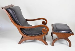 Mahogany and Black Leather Upholstered Plantation Style Chair and Ottoman