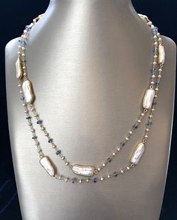 Kynite and White Fresh Water Pearl Necklace, Sterling Silver Vermeil Chain and Clasp