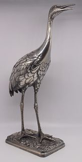 HIDENAO. Okimono Silvered Bronze of a Crane.