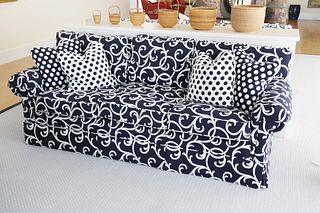 Navy Blue and White Swirl Design 6-Cushion Sofa