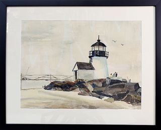 Vintage Mid-Century Watercolor View "Fishing Off Brant Point Light, Nantucket"