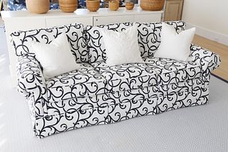 White with Navy Blue Swirl Design 6-Cushion Sofa