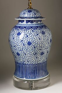 Contemporary Blue and White Porcelain Covered Temple Jar Mounted as a Lamp