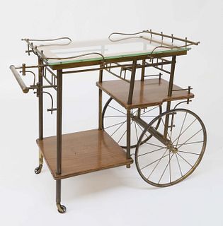 Vintage "Bicycle" Wheel Brass, Oak and Glass Rolling Tea Cart, circa 1950-60
