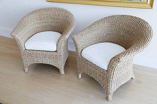 Pair of Palecek Natural Woven Wicker Tub Chairs