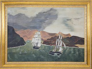 Primitive Oil on Canvas "Merchant Clipper Ships on the River", 19th Century