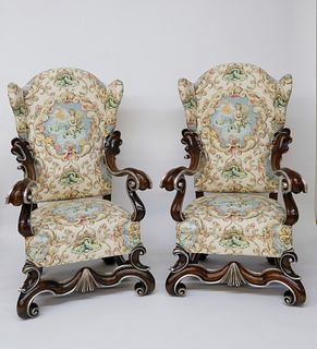 Pair of Venetian Style Seashell and Nautical Upholstered Open Armchairs