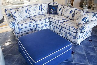Blue and White Seashell, Coral, Lobster Upholstered Sectional Couch with Blue Piping by Vanguard
