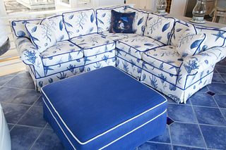 Upholstered Navy Blue Ottoman with White Rope Trim