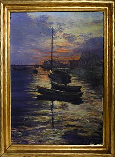 James Francis Barker Oil on Canvas "Sunrise at Old North Wharf"