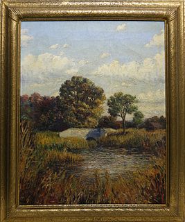 James Francis Barker Oil on Canvas "New England River Landscape"