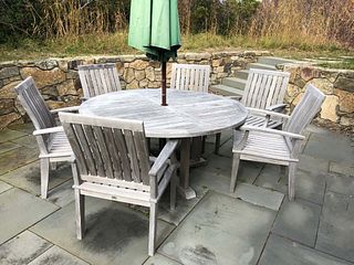Gloster Teak Wood Round Dining Table and Six Armchairs