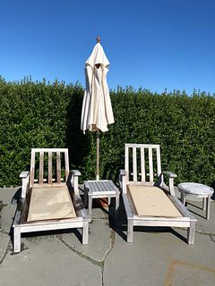 Pair of Gloster Teak Chaise Lounges and Creme Umbrella