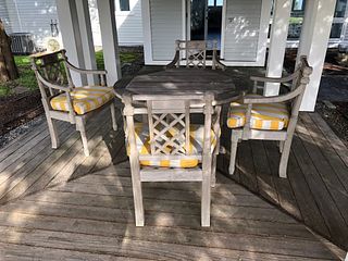 Four Teak Wood Lattice Armchairs and Round Dining Table