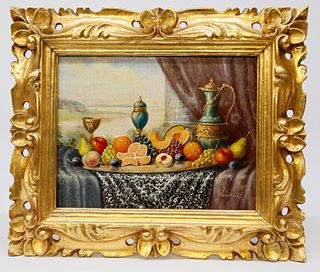 Johan K. Reinprecht Oil on Board "Fruit and Wine Tabletop Still Life"