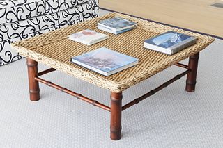 Fiber Woven Cocktail Table on Faux Bamboo Legs and Stretchers