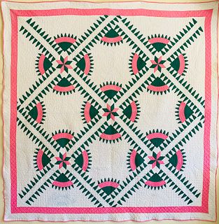 Pink and Green Geometric Patchwork Quilt with Pillow Topper, circa 1930s