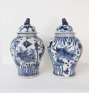 Pair of Blue and White Canton Style Temple Jars