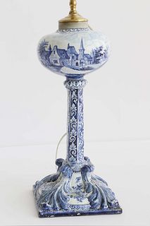 French Faience Blue and White Ceramic Oil Lamp