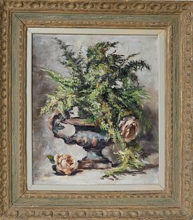 Andrew Shunney Oil on Canvas "Louis Philippe" or "Ferns and Roses in a Cast Iron Urn"