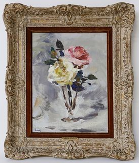 Andrew Shunney Oil on Canvas "Duex Roses Dans Une Vase" or "A Pink Rose, A Yellow Rose"
