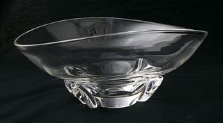 Signed Steuben Glass Free-Form Oval Pedestal Base Bowl