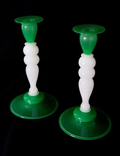 Pair of Early Steuben Jade Green and Alabaster Glass Candlesticks, circa 1920