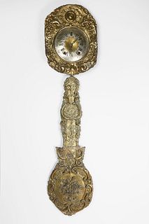 Scandinavian Brass Repoussé Clock Face and Pendulum, 19th Century